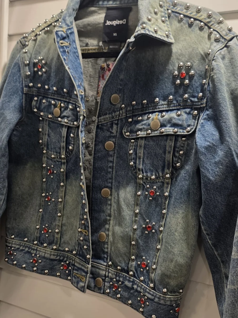 Desigual Studded Blue Denim Jacket with Red Accent - Picture 8 of 9